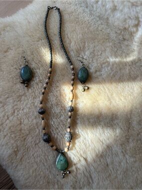 Silver Serpentine Stone Beaded Necklace & Earrings